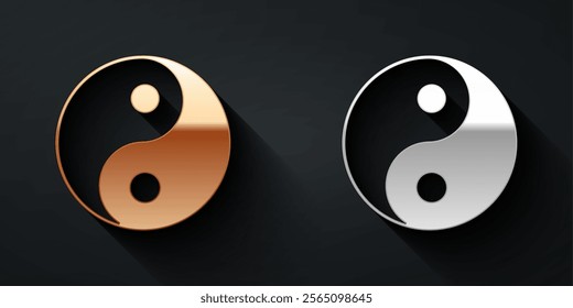 Gold and silver Yin Yang symbol of harmony and balance icon isolated on black background. Long shadow style. Vector