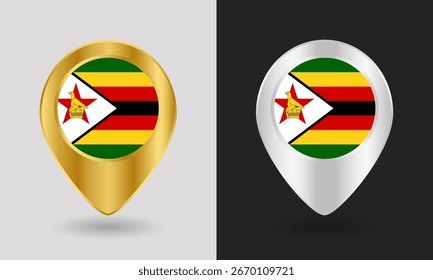 Ouro e Prata Zimbábue Flag Map Ícone do Pin