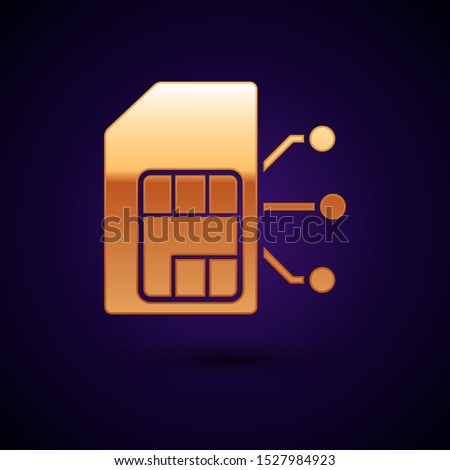 Gold Sim card icon isolated on dark blue background. Mobile cellular phone sim card chip. Mobile telecommunications technology symbol.  Vector Illustration