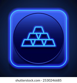 Gold simple icon. Flat design. Blue neon style on button. With shadow.ai