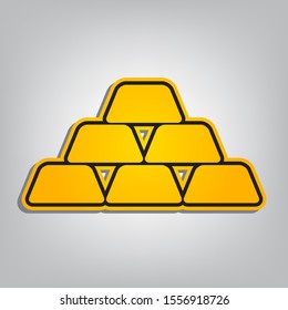 Gold simple sign. Flat orange icon with overlapping linear black icon with gray shadow at whitish background. Illustration.