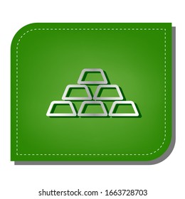 Señal simple de oro. Icono de línea de gradiente plateado con sombra verde oscuro en hoja verde con parches ecológicos. Ilustración.