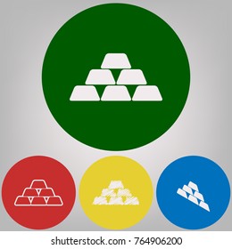 Gold simple sign. Vector. 4 white styles of icon at 4 colored circles on light gray background.
