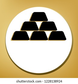 Gold simple sign. Vector. Black icon with light brown shadow in white circle with shaped ring at golden background.