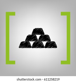 Gold simple sign. Vector. Black scribble icon in citron brackets on grayish background.