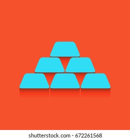 Gold simple sign. Vector. Blue icon with soft shadow putted down on flamingo background.
