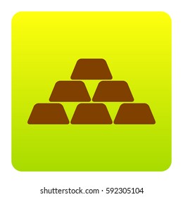 Gold simple sign. Vector. Brown icon at green-yellow gradient square with rounded corners on white background. Isolated.
