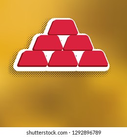 Gold simple sign. Vector. Magenta icon with darker shadow, white sticker and black popart shadow on golden background.