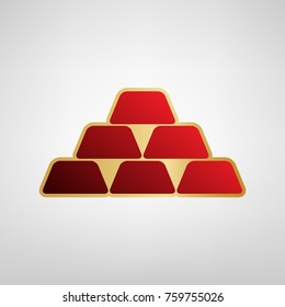 Gold simple sign. Vector. Red icon on gold sticker at light gray background.