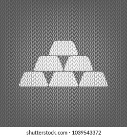 Gold simple sign. Vector. White knitted icon on gray knitted background. Isolated.