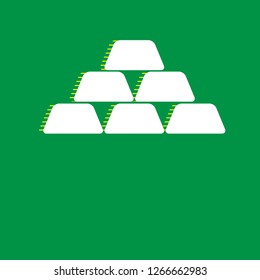 Gold simple sign. Vector. White flat icon with yellow striped shadow at green background.