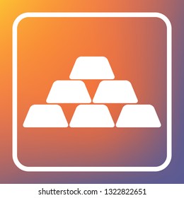 Gold simple sign. Vector. White icon on transparent button at orange-violet gradient background.