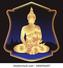 gold simulates buddha meditation inside gold frame on silhouette temple background vector illustration isolated