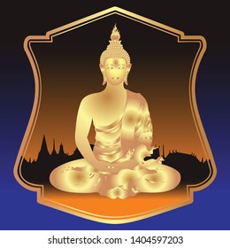 gold simulates buddha meditation inside gold frame on silhouette temple background vector illustration isolated