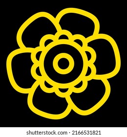 Flor de vectores planos aislados de oro sobre fondo negro. Flor de iconos para vacaciones, diseño, India, ornamento oriental y árabe, impresión, web y aplicación.