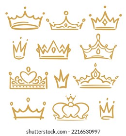 Gold sketch crowns. Various royal accessories for queen and king, prince and princess. Hand drawn diadems of different shape and size for elegant monarch members isolated vector set