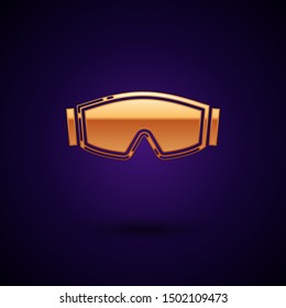 Gold Ski goggles icon isolated on dark blue background. Extreme sport. Sport equipment.  Vector Illustration