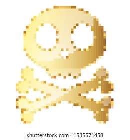 Gold Skull with cross bones in pixel art style. Vector illustration. Isolated human Skull in flat style
