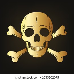 Gold skull with crossbones. Vector illustration. Golden human skull on dark background.