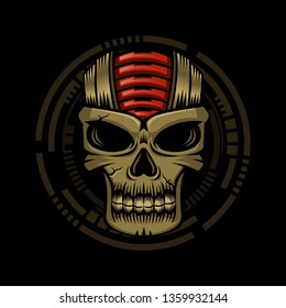 A gold skull of cyborg with red brain machine