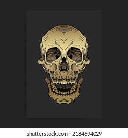 Gold skull head with open mouth in engraving, hand drawn, luxury, esoteric, boho style, fit for spiritualist, religious, paranormal, tarot reader, astrologer or tattoo