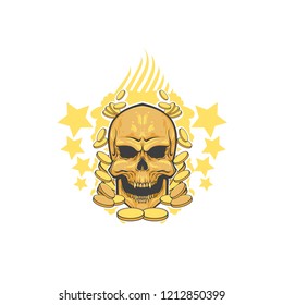 Gold skull with many gold coin and stars, gold pirate emblem, vector logotype illustration isolated on white background