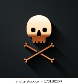 Gold Skull on crossbones icon isolated on black background. Long shadow style. Vector Illustration