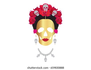 gold skull, portrait of Mexican Catrina with skulls and flowers , inspiration Santa Muerte in Mexico and la Calavera , vector illustration isolated