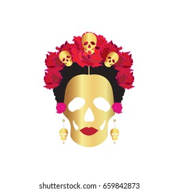 gold skulls, portrait of Mexican Catrina with skulls and flowers , inspiration Santa Muerte in Mexico and la Calavera , vector illustration isolated