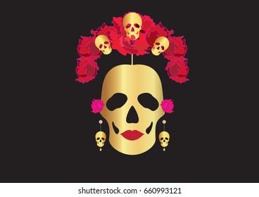 gold skulls, portrait of Mexican Catrina with skulls and flowers , inspiration Santa Muerte in Mexico and la Calavera , vector illustration isolated or black background 