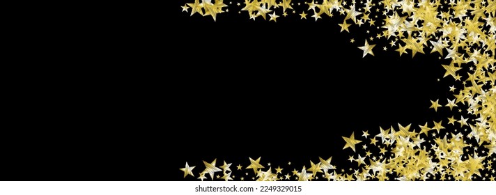 Gold Sky Vector Black Panoramic Background. Luminous Holiday Glitter Design. Confetti Vector Black Panoramic Background Banner. Golden Twinkle Universe Pattern.