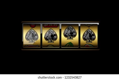 Gold slot casino banner design element with four spade signs on black background.