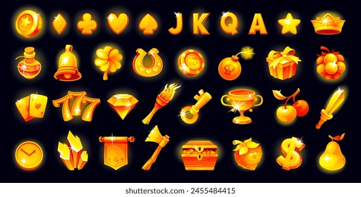 Gold slot icons. Golden slots game casino, magical shiny icon gaming element poker machine lucky lottery 777 bar chance bell money symbols, neoteric vector illustration of gold casino gambling icon