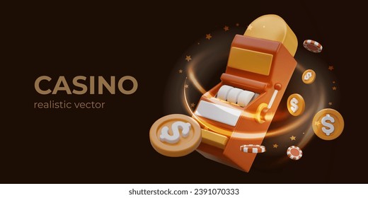 Gold slot machine with empty reels mockup. Realistic poker chips, coins, stars. Glowing win effect, jackpot. Vector online casino concept on black background