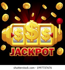 Gold Slot Machine, jackpot dollar bonus, splash coins for ui game. Vector illustration banner win bet gambling machine for design.
