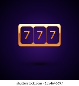 Gold Slot machine with lucky sevens jackpot icon isolated on dark blue background.  Vector Illustration