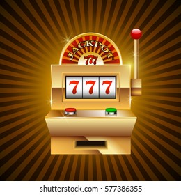 Gold slot machine with three sevens on abstract striped background, vector illustration