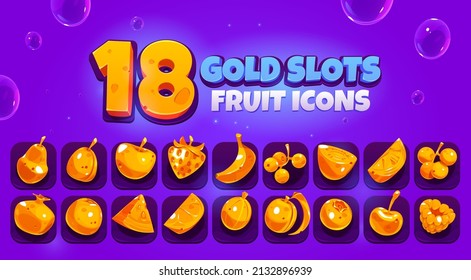 Gold slots fruit and berries icons, cherry, blueberry, plum, strawberry, orange, apple and watermelon. Vector cartoon set of golden food symbols for game, peach, pear, kiwi, banana and currant