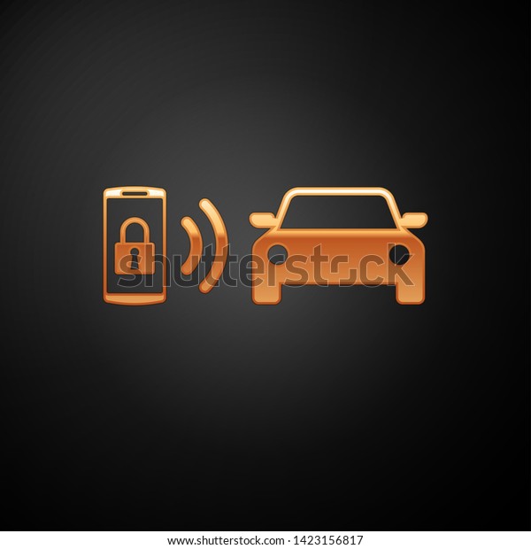 Gold Smart car alarm system icon isolated on\
black background. The smartphone controls the car security on the\
wireless. Vector\
Illustration