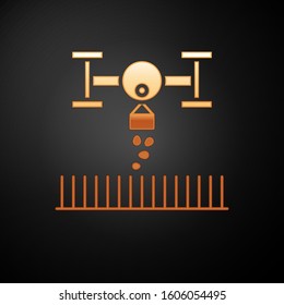 Gold Smart farm with drone control for seed planting icon isolated on black background. Innovation technology for agricultural company.  Vector Illustration