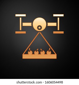 Gold Smart farm with drone control collects harvest icon isolated on black background. Innovation technology for agricultural company.  Vector Illustration
