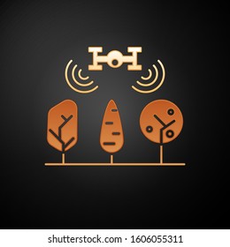 Gold Smart farm with drone control and tree icon isolated on black background. Innovation technology for agricultural company.  Vector Illustration