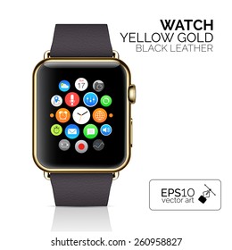 Gold Smart watch with black leater bracelet isolated. 