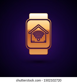 Gold Smart watch with smart home with wi-fi icon isolated on dark blue background. Remote control.  Vector Illustration