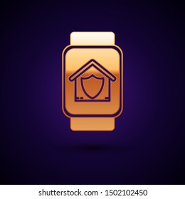 Gold Smart watch with house under protection icon isolated on dark blue background. Protection, safety, security, protect, defense concept.  Vector Illustration