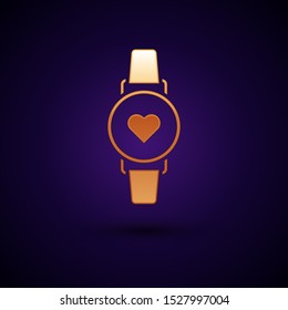 Gold Smart watch showing heart beat rate icon isolated on dark blue background. Fitness App concept.  Vector Illustration