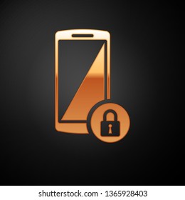 Gold Smartphone with closed padlock icon isolated on black background. Phone with lock. Mobile security, safety, protection concept. Vector Illustration