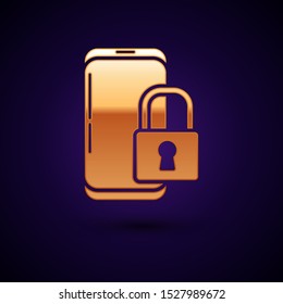Gold Smartphone with closed padlock icon isolated on dark blue background. Phone with lock. Mobile security, safety, protection concept.  Vector Illustration
