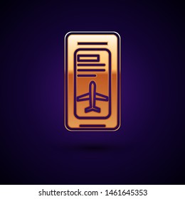 Gold Smartphone with electronic boarding pass airline ticket icon isolated on dark blue background. Passenger plane mobile ticket for web and app.  Vector Illustration