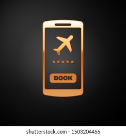 Gold Smartphone with electronic boarding pass airline ticket icon isolated on black background. Passenger plane mobile ticket for web and app.  Vector Illustration